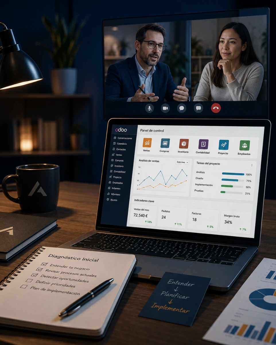 Sesión profesional de diagnóstico para revisar procesos y definir qué necesita una empresa antes de implementar o modificar Odoo