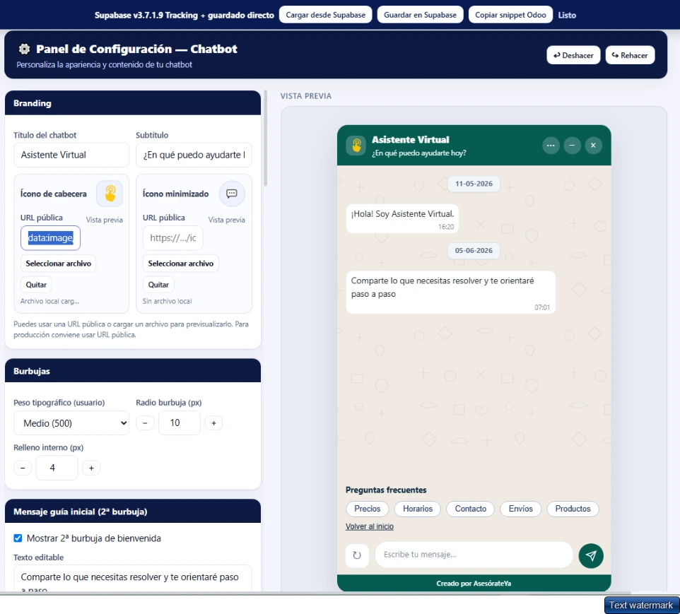 Panel de Personalización de Chatbot AsesórateYa mostrando opciones de branding, mensajes, burbujas y vista previa del chatbot