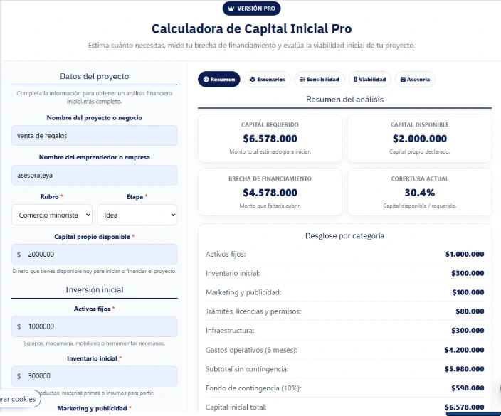 Vista de una Herramienta de Diagnóstico de AsesórateYa utilizada para analizar información del negocio