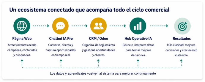Flujo del ecosistema de crecimiento digital: Página Web, Chatbot IA Pro, CRM Odoo y Hub Operativo IA conectados para generar mejores decisiones y aprendizaje continuo